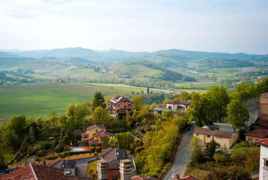 Spring panorama of the hills surrounding the village of Vignale Monferrato, in the Monferrato wine region (Piedmont, northern Italy), early springtime.