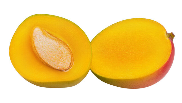 Isolated ripe mango halves with vibrant yellow flesh and large seed, fresh tropical fruit