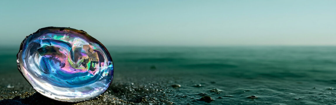 Abalone shell on beach with iridescent texture and ocean background