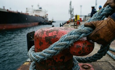 Fototapeta premium Thick Mooring Rope Secured at Oil Shipping Port with Vessel in Background