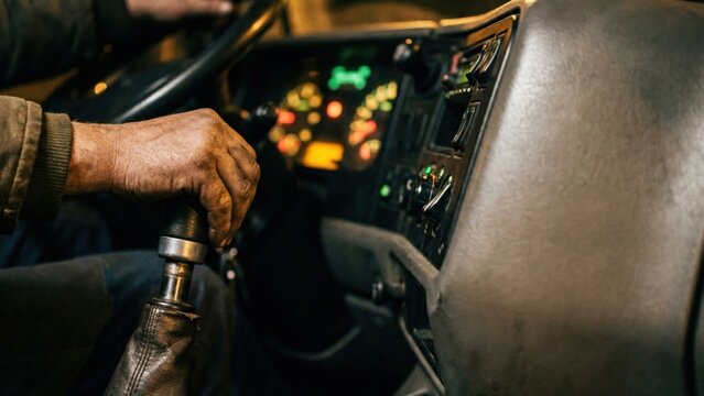 Driver's Hand on Gear Shift in Heavy Transport Truck Cabin at Night
