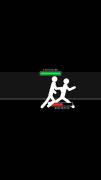 Stick figures in a race between discipline and motivation, illustrating the struggle for self-control and goal achievement