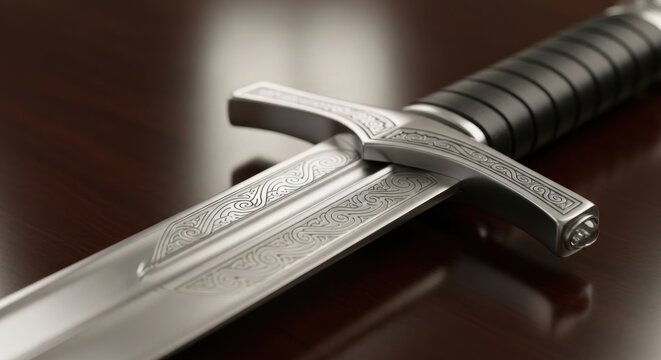 Close up of a decorative sword with detailed engravings and leather handle