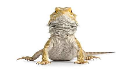 Obraz premium Realistic portrait of a bearded dragon lizard on a clean white background, showcasing sharp scale texture, calm pose, and soft studio lighting with clear natural details.