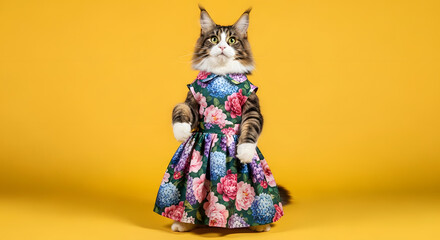 Fototapeta premium Cat wearing floral dress anthropomorphic fashion yellow background