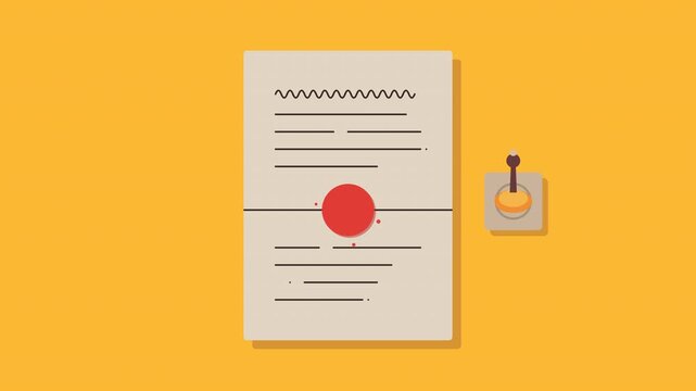 Animated document with official red wax seal and crown emblem being stamped on yellow background