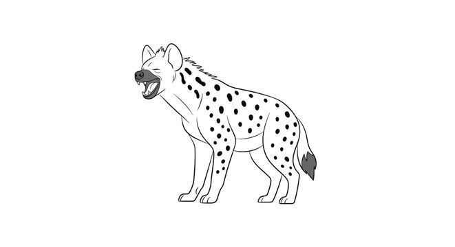 Black and white illustration of a hyena isolated on a white background
