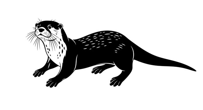 Black and white otter illustration standing profile against white background
