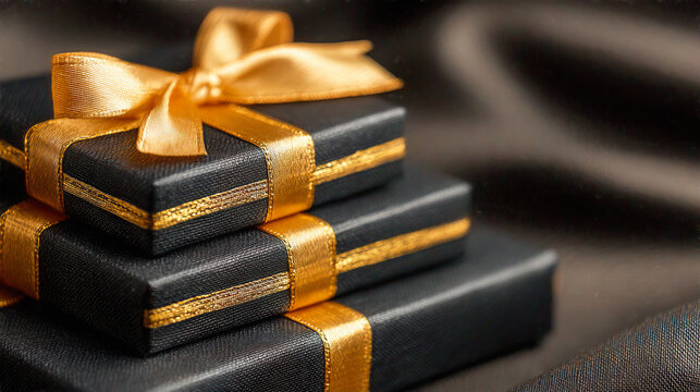 Stacked gift boxed black with gold ribbon, stylish and luxurious with copy space area