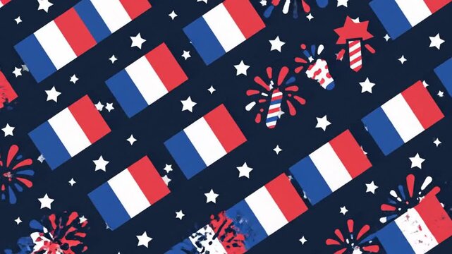 Celebrate Bastille Day with a festive pattern of French flags and fireworks on a dark blue background