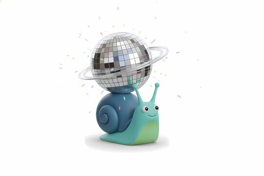 Whimsical 3D Snail with Disco Ball Planet Shell and Confetti