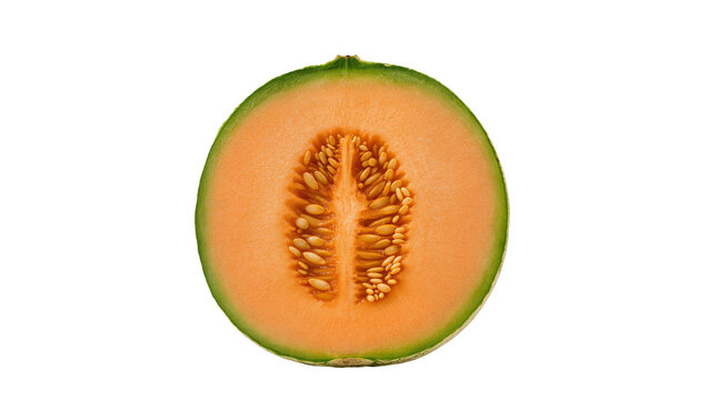Isolated fresh ripe cantaloupe fruit cut in half with vibrant orange flesh and seeds