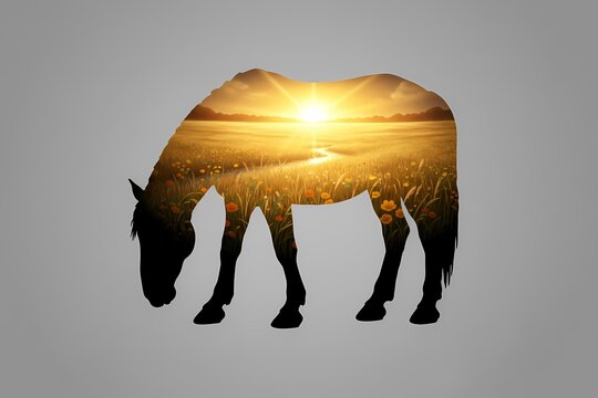 Double Exposure Horse Silhouette with Golden Sunset Meadow
