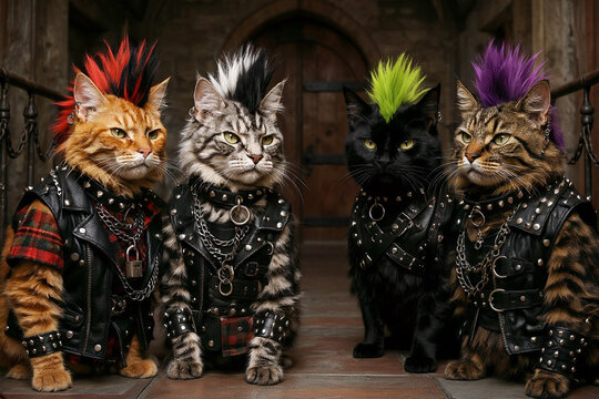 four cats dressed as punks
