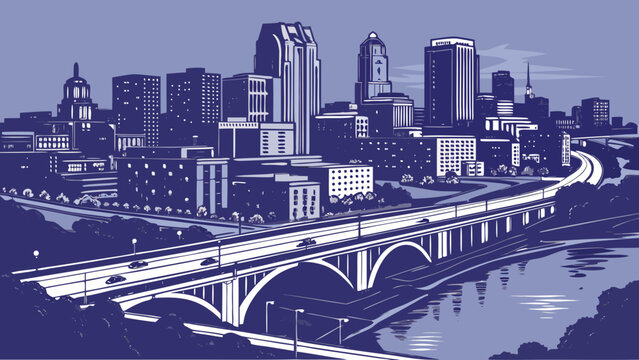Minneapolis Minnesota Skyline Vector Art with Bridge and River
