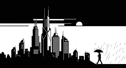 Naklejka premium Monochromatic city skyline graphic illustration with tall skyscrapers and a person walking with an umbrella in the rain.