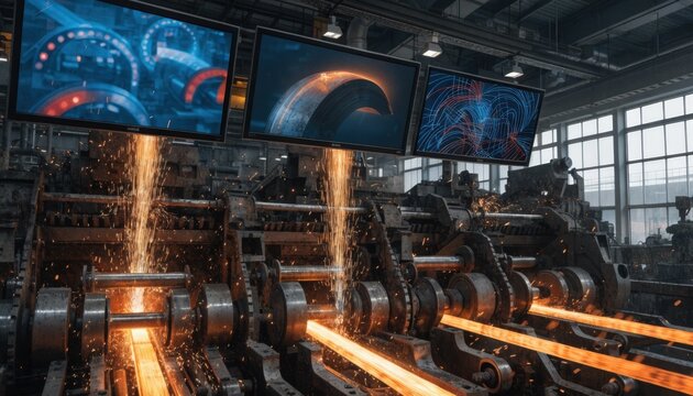 Medium shot of control room screens displaying AIoptimized rolling schedules with dynamic throughput adjustments for an industrial bar mill production line.
