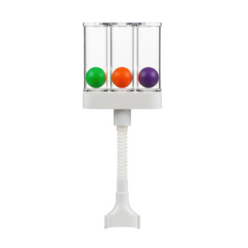 Medical incentive spirometer with three transparent chambers and colored spheres, attached to a breathing tube, set against a white background, clinical vibe