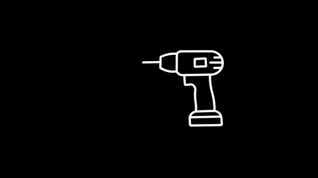 Animated drill machine icon. Drilling line animation. Simple drill machine. Black and white illustration. 4k video with alpha channel. Motion graphics.