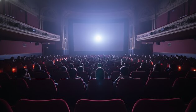 Dark Theater Audience Watching Bright Screen in Cinema