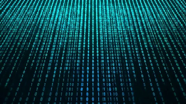 Digital code background with green binary numbers.