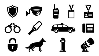 Security Equipment Silhouette Set, Surveillance and Safety Icons Collection, CCTV Alarm and Protection Tools Vector © Mediasegment