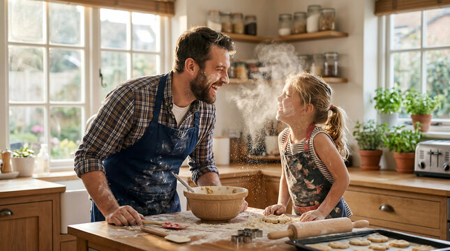 Father and daughter happily baking cookies together in a cozy kitchen, covered in flour