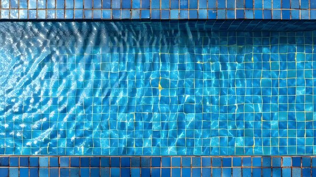 Serene turquoise swimming pool water reflecting sunlight with vibrant blue tile border and a dark background evoking relaxation and luxury for travel or spa themes