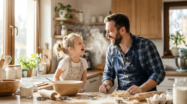 Joyful father and daughter sharing a delightful baking experience, covered in flour and laughter in a bright kitchen