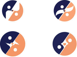 Fototapeta premium Abstract community logo set with human figures and hearts, 4 circular icons in navy and peach, minimalist people connection symbols for charity and healthcare