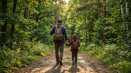 Fototapeta premium Father and Child Hand-in-Hand on a Sunny Forest Path, Creating Lasting Memories During a Serene Nature Hike and Outdoor Adventure