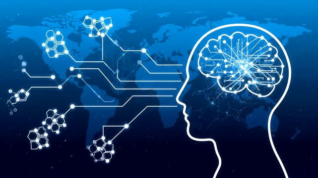 Conceptual illustration of human brain with neural network and circuit board elements.