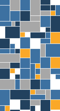 Abstract geometric pattern of blue grey and yellow rectangles.