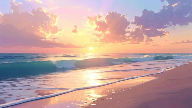 A serene beach scene at sunset with soft colors, waves, and reflections