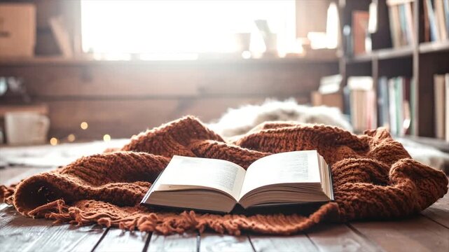 An open book rests on a cozy, brown knit blanket in a warm, dimly lit room
