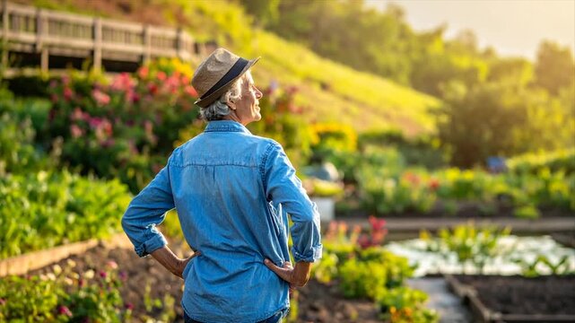 A person in a hat gazes at a sunlit garden filled with flowers and rows of vegetables