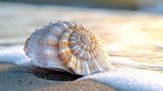 A spiral seashell rests on a sandy beach near the ocean. Golden sunlight bathes the scene