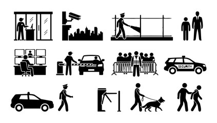 Security Service Scene Silhouette Set, Protection and Surveillance Concepts, Guard Patrol and Safety Scenario Icons Vector © Mediasegment