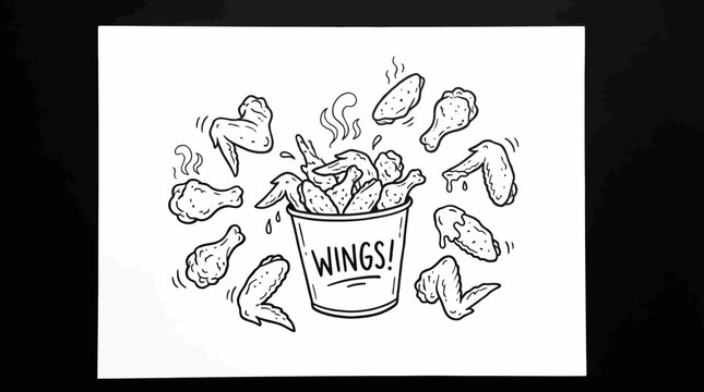 Delicious hand-drawn illustration of crispy fried chicken wings bursting from a bucket, perfect for fast food menus or snack advertisements