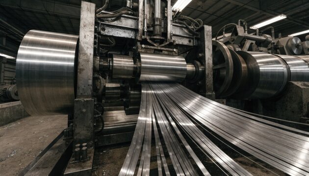 Medium shot of industrial coil slitting machine slicing thick gauge metal coil into precise narrow strips showcasing heavyduty manufacturing process in a factory setting.