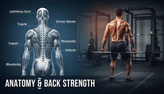 Anatomy Back Strength Illustration and Male Athlete Lifting in Gym