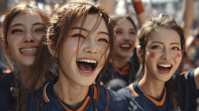 紺とオレンジのユニフォームを着た女性サポーター達が歓喜に沸いている様子(Female supporters, dressed in navy and orange uniforms, are seen celebrating with great joy.)