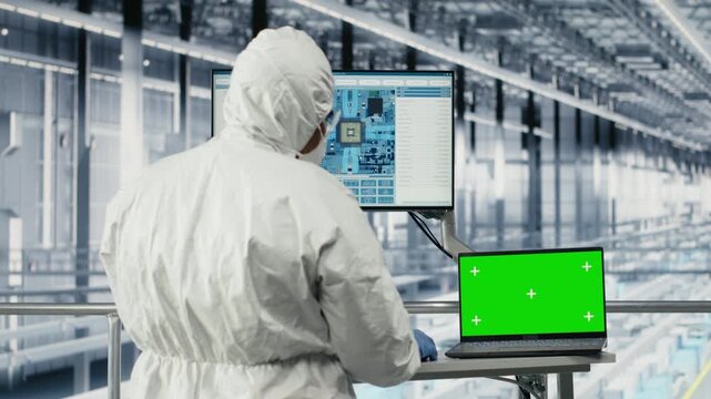 Isolated screen laptop used by engineer man reviewing microchip factory diagnostics to prevent downtime. Expert studies semiconductor plant data on chroma key notebook, doing quality control, camera B