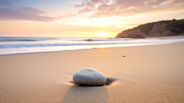 A serene beach scene at dawn. A pebble rests in the sand, waves gently roll in