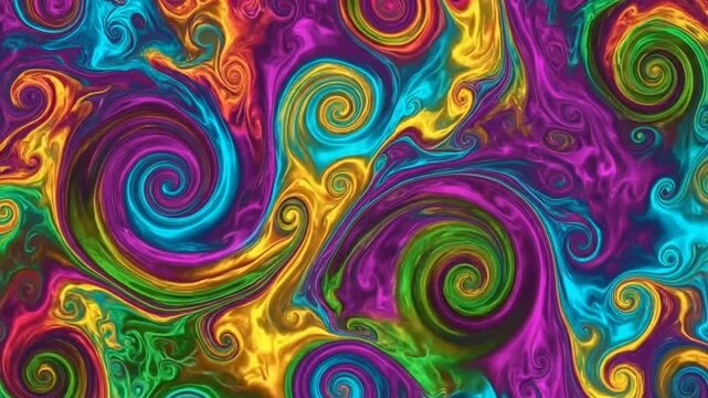 A brightly colored spiral pattern with rotating abstract shapes, creating an interesting and dynamic psychedelic visual effect.