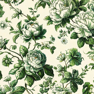 Vintage Green Peony Botanical Seamless Pattern Illustration