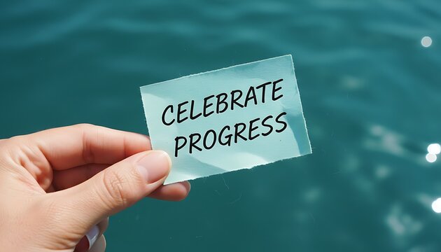 Hopeful Hand Holding Note Celebrate Progress by Blue Water