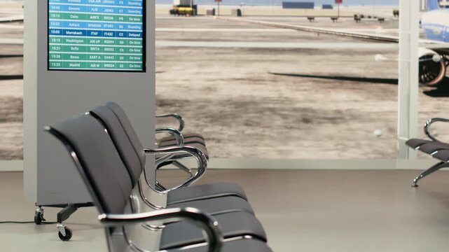 Empty airport departure lounge with digital screen displaying flight information, boarding times and gate numbers. Rows of seats with no people create quiet travel scene in modern waiting area.