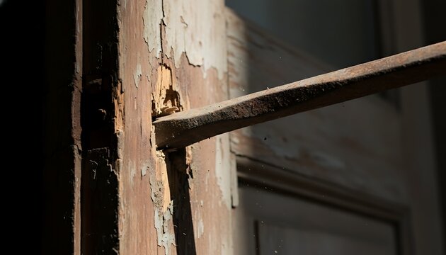Weathered Door Frame with Rusty Panhandle in Dim Light