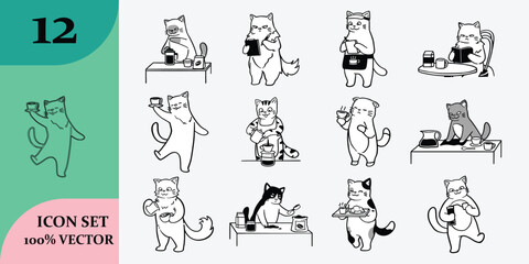 A collection of twelve whimsical hand drawn cat illustrations depicting various human like activities and poses in a sketch style © MDRABBIR